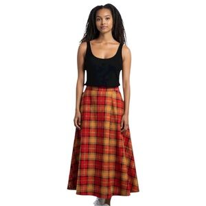 Vintage Handmade 50s 60s Wool Red Yellow Brown Retro Plaid Midi Maxi Skirt Small